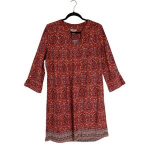 Lucky Brand Dress Size L Vintage Bohemia Red Paisley Long Sleeve Womens